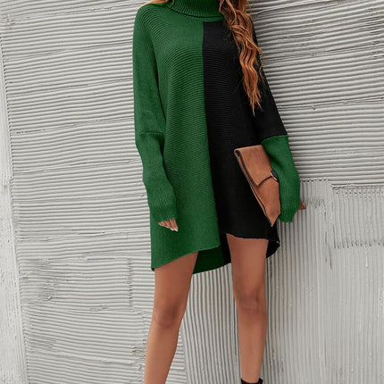 High Neck Half Forest Green & Black Block Colour Jumper Top