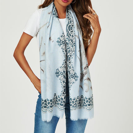 Geometric & Feather & Lace Print Scarf In Blue