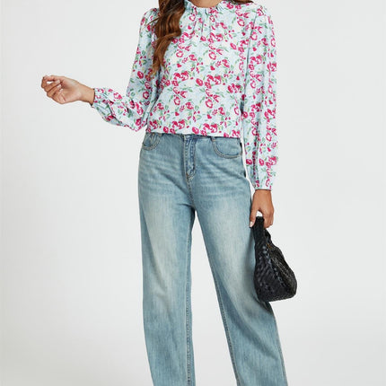 Floral Print Frill Detail High Neck Top In Blue & Pink