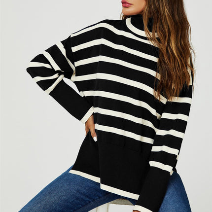 Stripes Pattern Turtleneck Jumper Top In Black