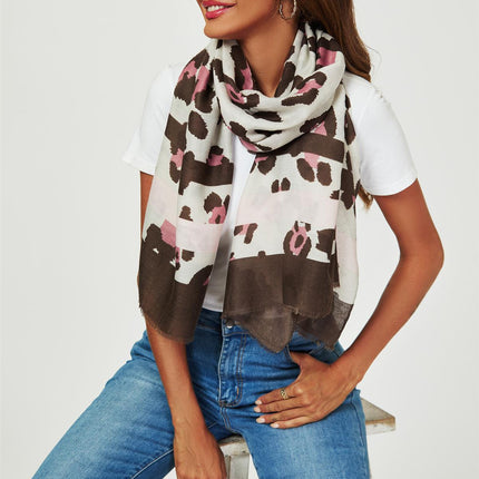 Leopard & Strip Print Fringed edges Scarf In Pink & Black