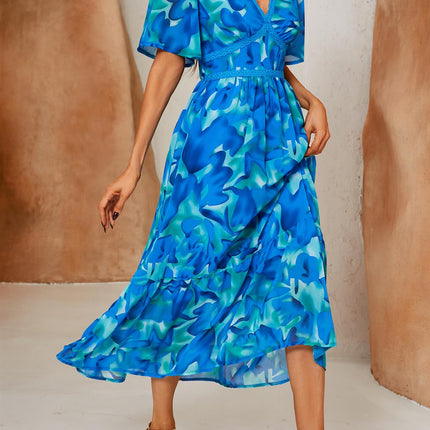 Abstract Floral Print Lace Detail Angel Sleeve Maxi Dress In Blue