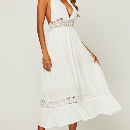 V Neck Back Tie Detail Lace Midi Dress In Ivory White