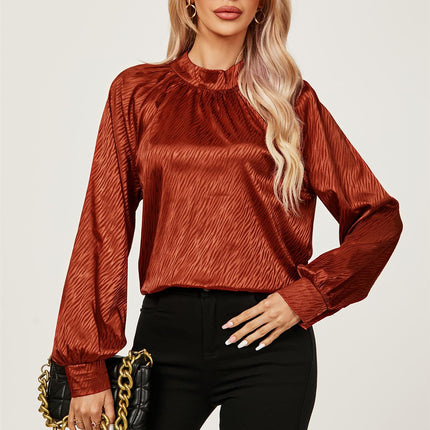 Halter Neck Satin Long Sleeve Blouse Top In Copper Red