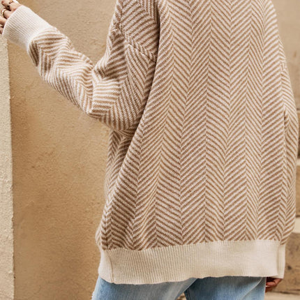 Chic Geometric Intarsia Knit Jumper Top In Beige & Taupe