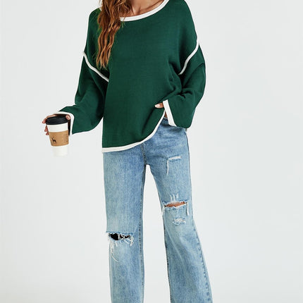 White Striped Oversized Jumper Top In Dark Green