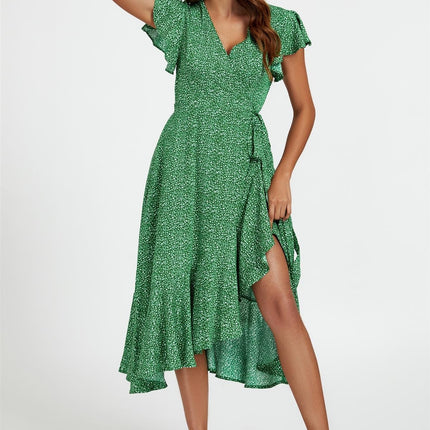 Little Floral Frill Sleeve Midi Wrap Dress In Green