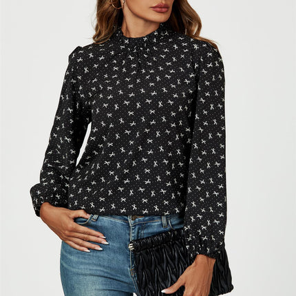 Bow Print Frill Detail High Neck Top In Black