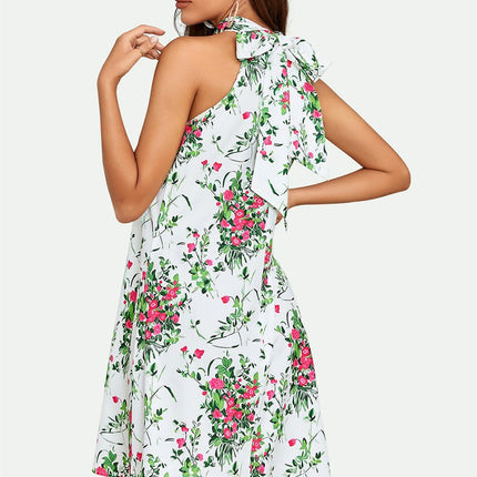 Pink Floral Print Halter Neck Tie Back Mini Dress In White