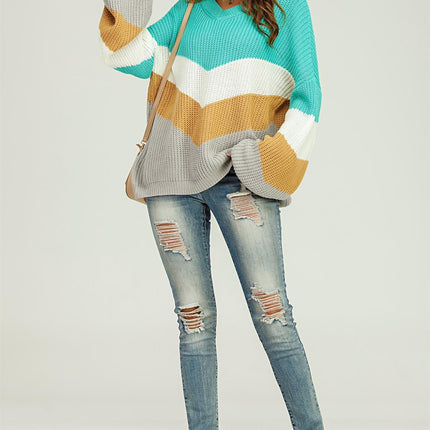 Blue & Grey Colour Block Jumper White & Golden Striped Long Sleeve Top