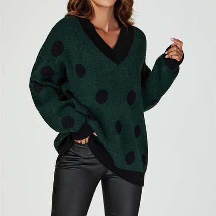 Wool Blended V Neck Jumper In Green & Black Polka Dot