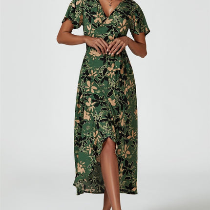 Abstract Floral Wrap Maxi Dress In Olive