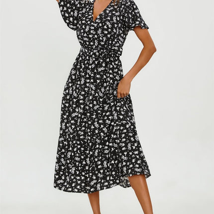 White Floral Print Hem Tiered Wrap Midi Dress In Black