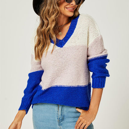 Stripe Block Colour Relaxed Knit Jumper Top In Blue & White