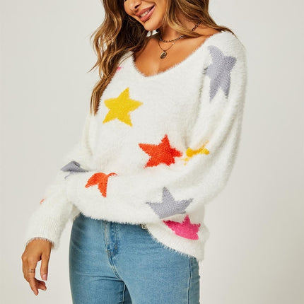 Relaxed Soft Comfy V Neck White Star Pattern Jumper Top In White