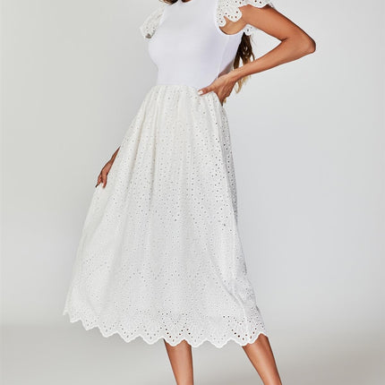 Jersey Broderie Midi Dress In White
