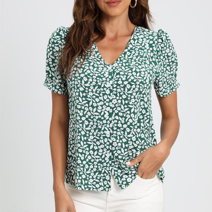 Short Sleeve Buttoned Blouse Top In Green & White Flora  Print