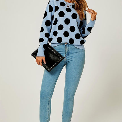 Comfy Knit Black Polka Dot Pattern Jumper Top In Blue