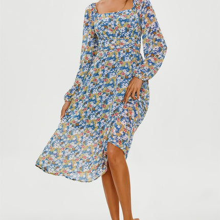 Floral Print Long Sleeve Maxi Dress In Blue