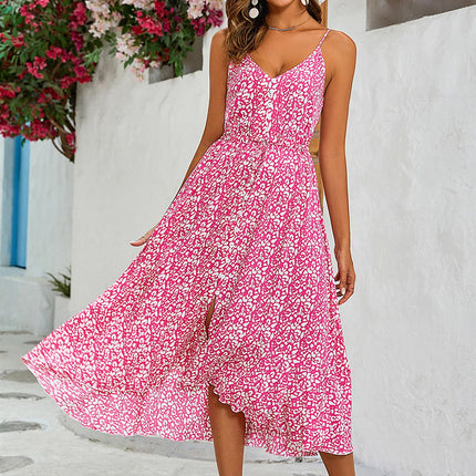 Leopard Print Button Down High Low Strappy Dress In Fuchsia Pink