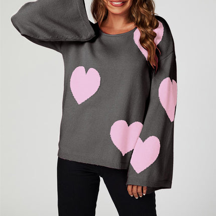 Heart Patten Wide Sleeve Oversize Jumper In Dark Grey