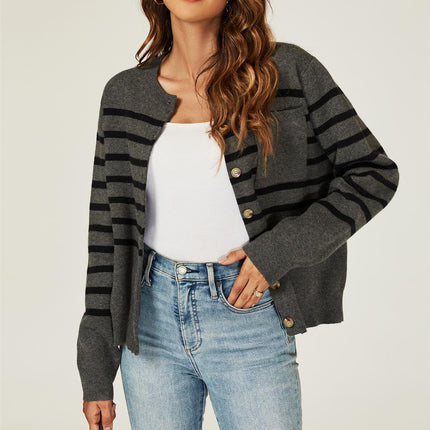 Pocket Stripe Knitted Cardigan In Dark Grey