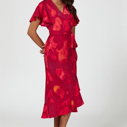 Abstract Print Angel Sleeve Wrap Midi Dress In Red