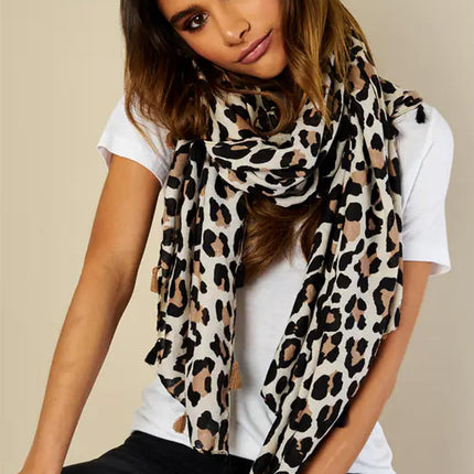 Leopard Print Tassel Scarf In Beige