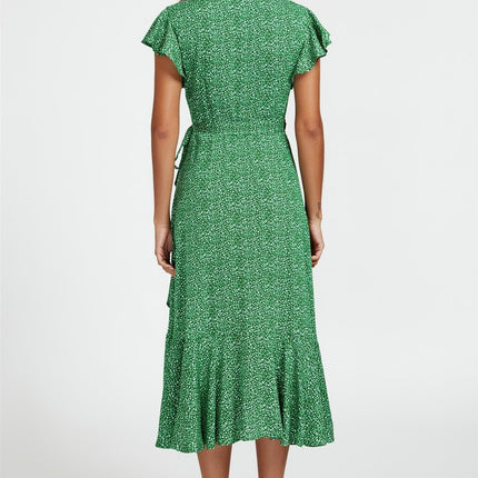 Little Floral Frill Sleeve Midi Wrap Dress In Green