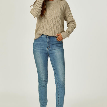 Cable Knit Crew Neck Jumper In Taupe