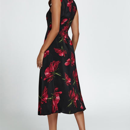 Floral Print Heart Neck Midi Dress In Black