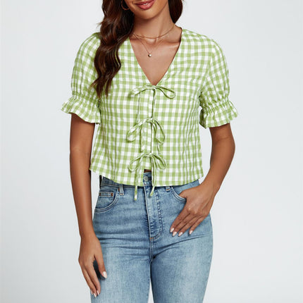 Check Print Tie Front Top In Green