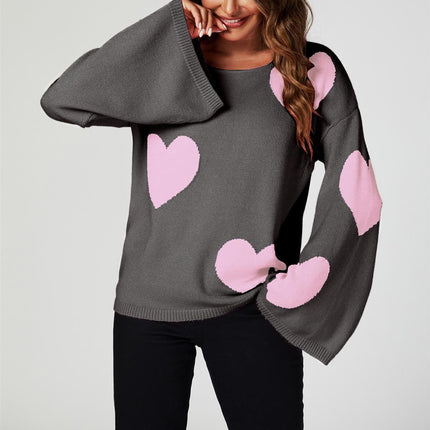 Heart Patten Wide Sleeve Oversize Jumper In Dark Grey
