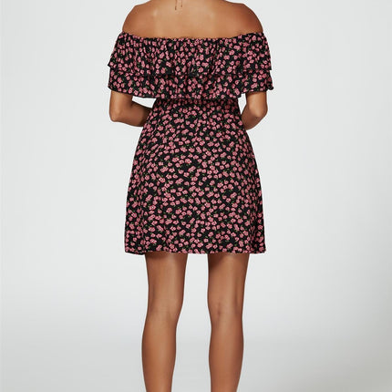 Floral Print Bardot Frill Mini Dress In Black