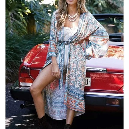 Relaxed Cotton Kimono In Blue Floral