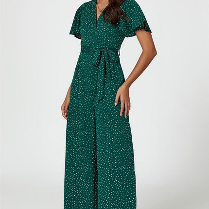 Dot Print Wrap Top Jumpsuit In Green
