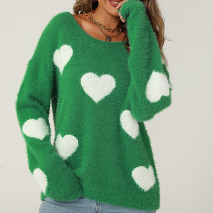 Relaxed Comfy White Heart Pattern Jumper Top In Green