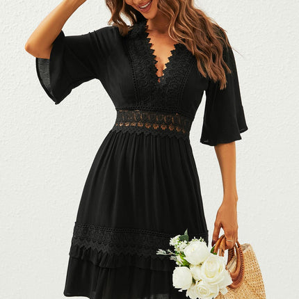 V Neck Lace Mini Dress In Black