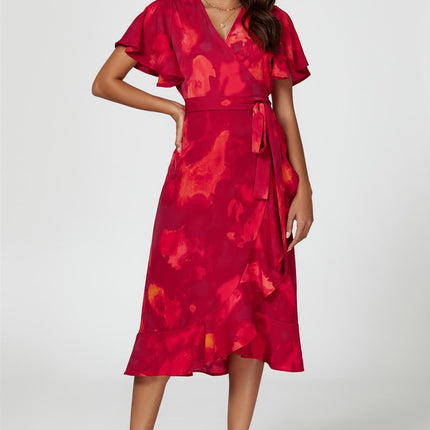 Abstract Print Angel Sleeve Wrap Midi Dress In Red