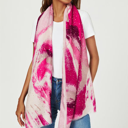 Gold Foil Abstract Brush Print Fringed edges Scarf In Pink