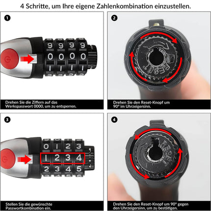 Fahrradschloss Kabelschloss 4 - Stellig Zahlencode mit Licht 120cm/180cm (Fahrradschloss) kaufen bei Linkreich – Jetzt entdecken!