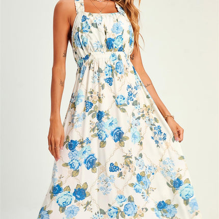 Pretty Flora Print Cross Back Midi Dress In White