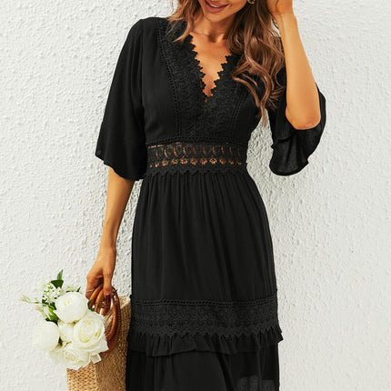 V Neck Lace Mini Dress In Black