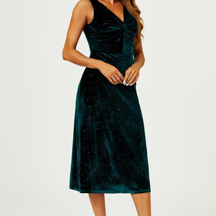 Silver Sparkly Velvet Knot Front Midi Dress In Green