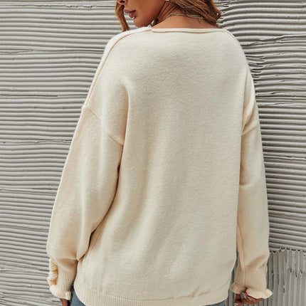 Soft V Neck Frill Detail Long Sleeve Jumper Top In Light Beige