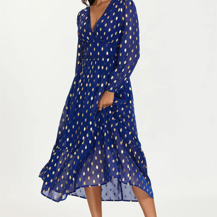 Lace Trim Foil Long Sleeve Maxi Dress In Royal Blue