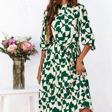 High Neck Long Sleeve Midi Dress In Green