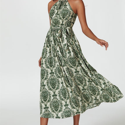 Green & Beige Floral Print Tie Halterneck Maxi Dress