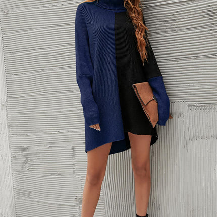 High Neck Half Forest Navy & Black Block Colour Jumper Top