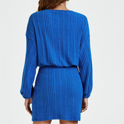 Long Sleeves Knit Mini Dress In Blue